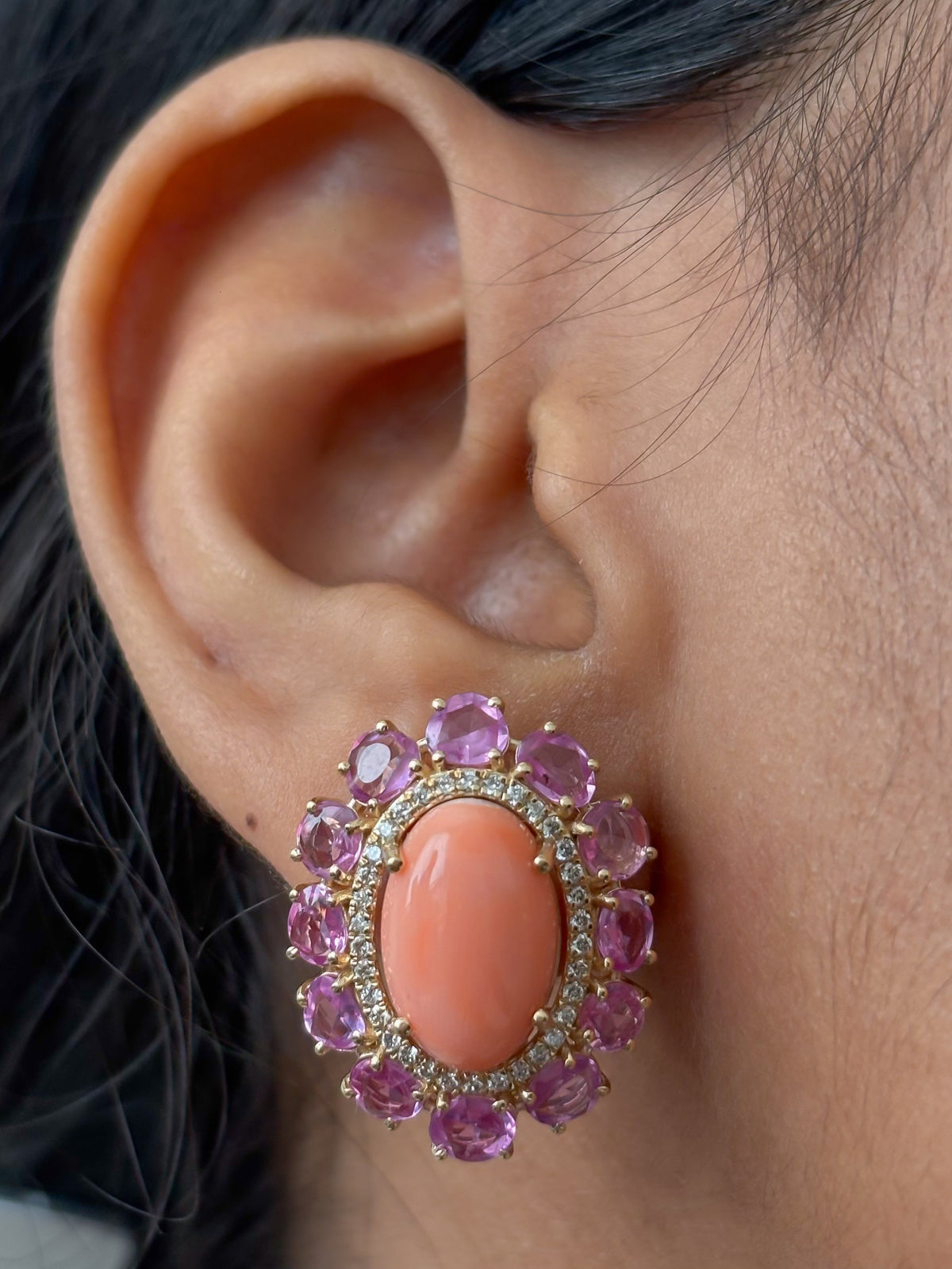 Coral Pink Sapphire Diamond Earrings