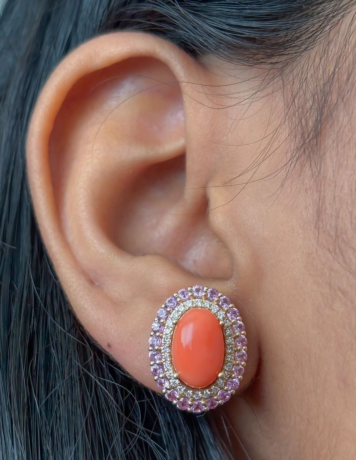 Coral Pink Sapphire Diamond Earrings