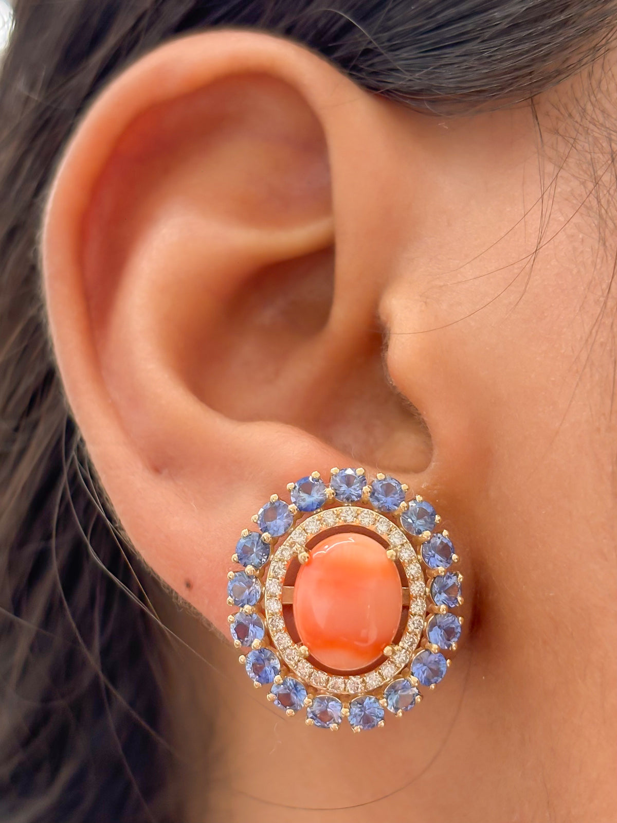 Coral Blue Sapphire Diamond Earrings