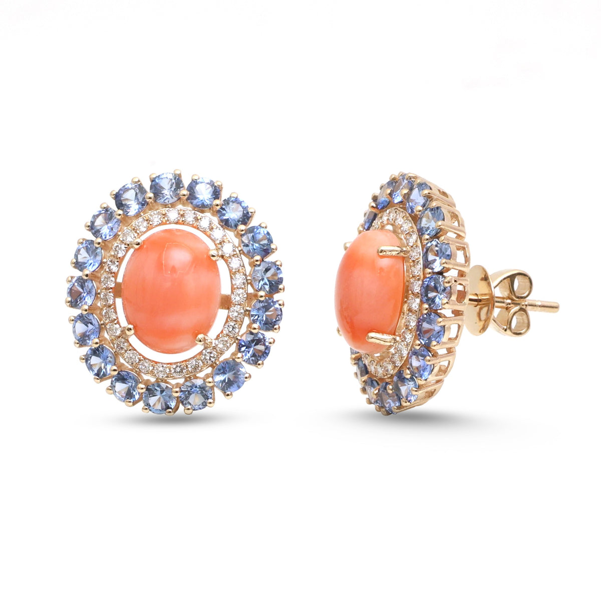 Coral Blue Sapphire Diamond Earrings