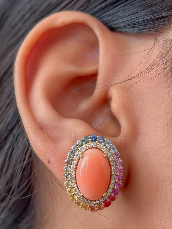 Coral Rainbow Sapphire Diamond Earrings