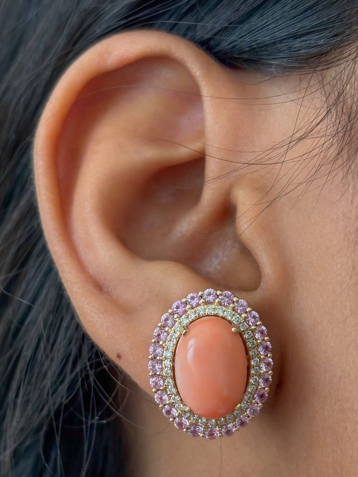 Coral Pink Sapphire Diamond Earrings