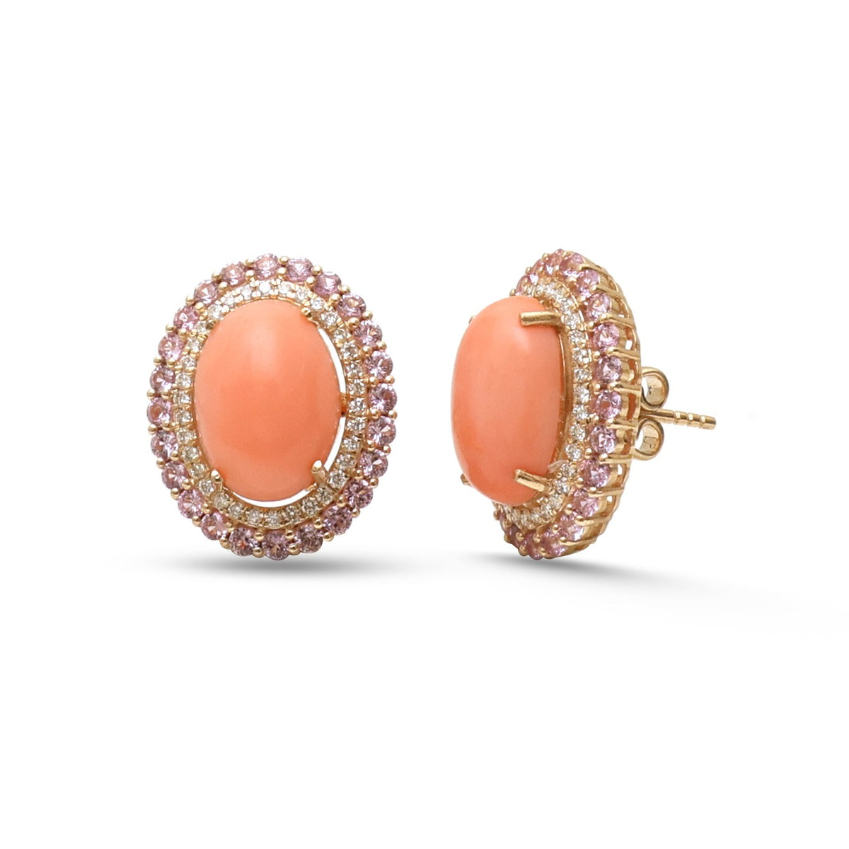 Coral Pink Sapphire Diamond Earrings
