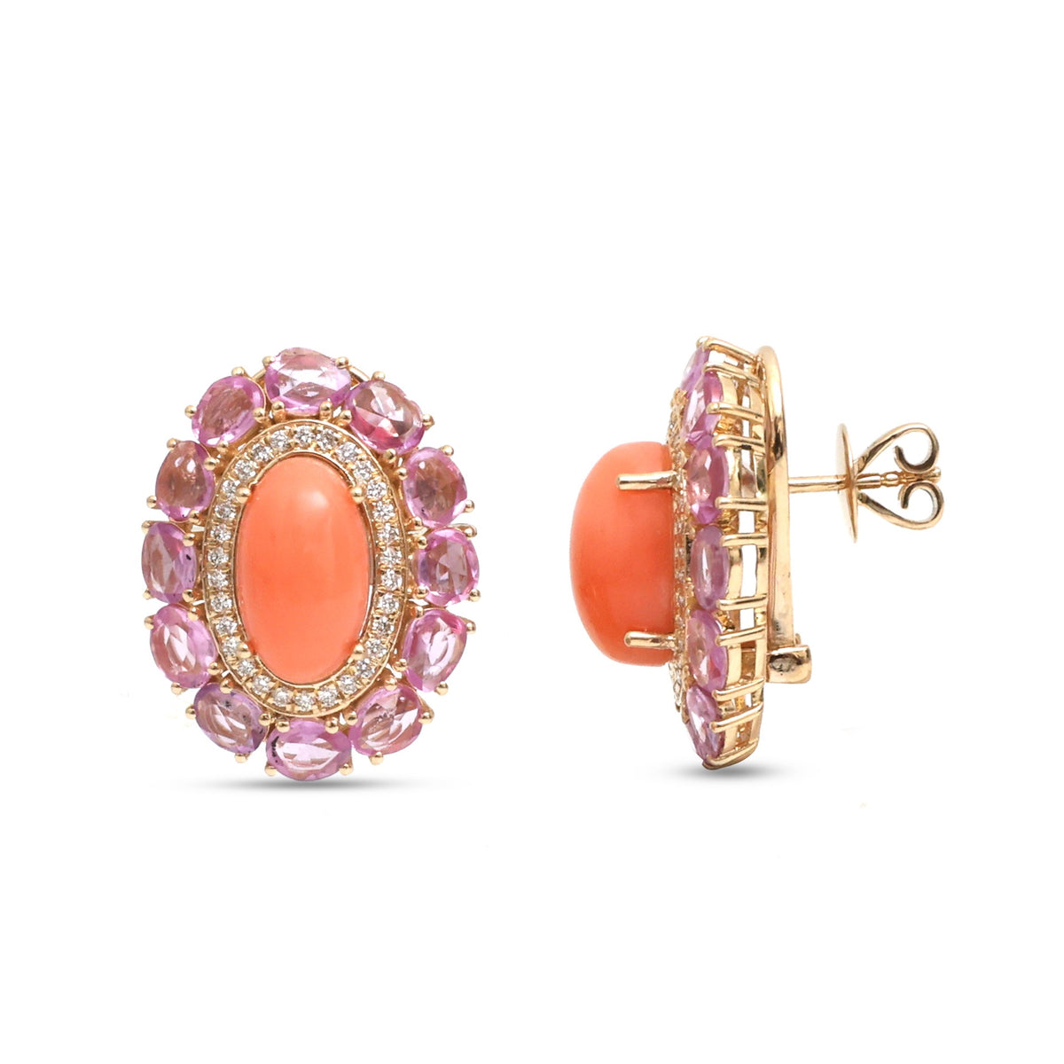 Coral Pink Sapphire Diamond Earrings
