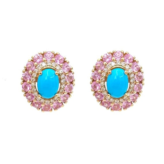 Pink Sapphire Turquoise Diamond Earrings