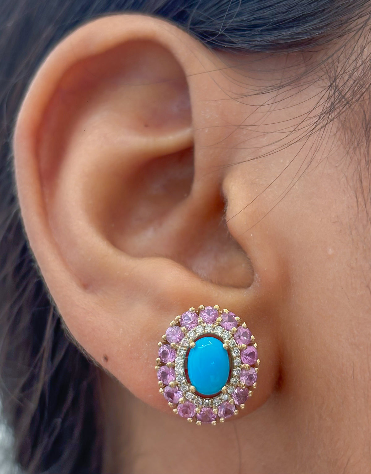 Pink Sapphire Turquoise Diamond Earrings