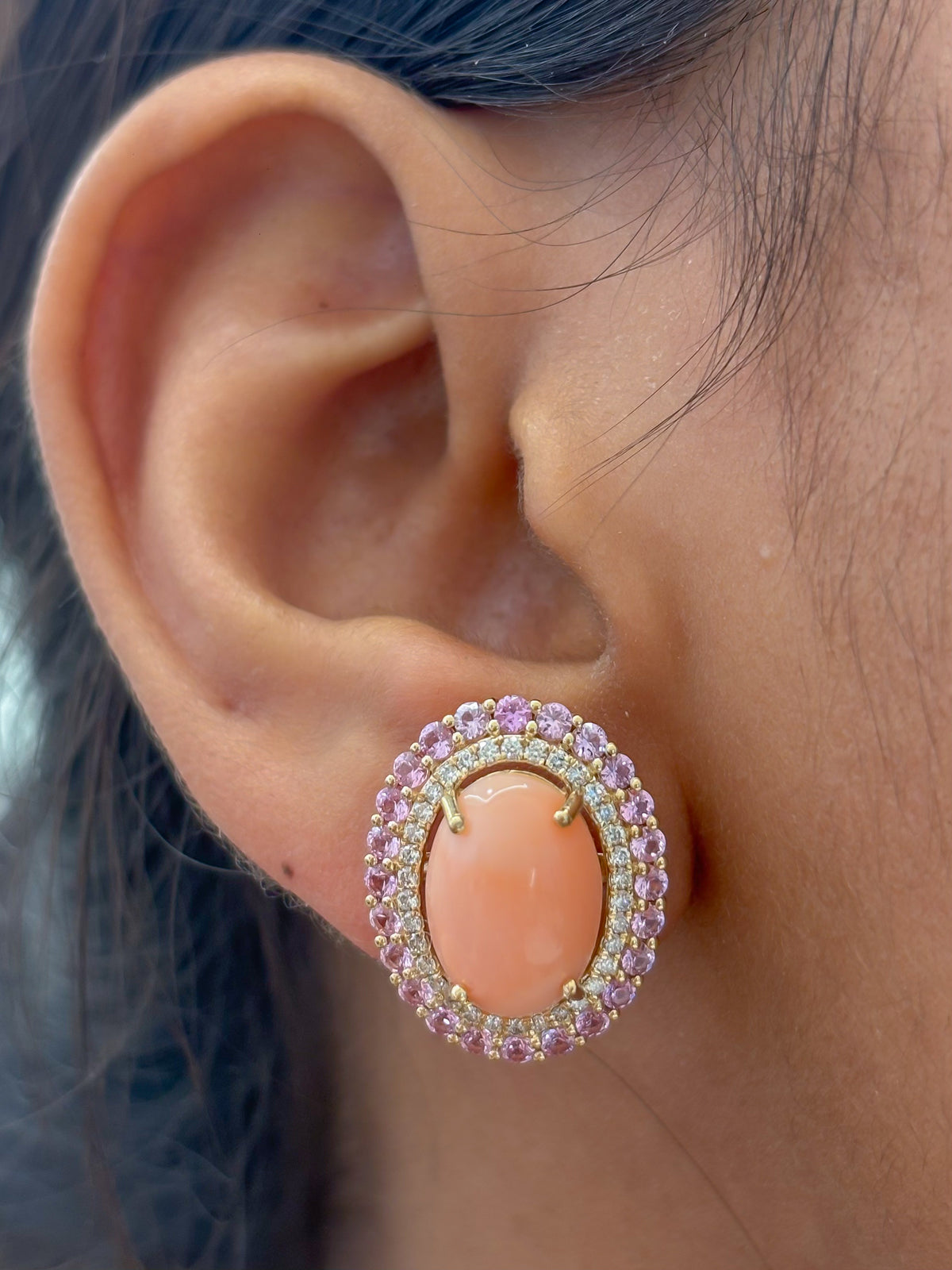 Coral Pink Sapphire Diamond Earrings