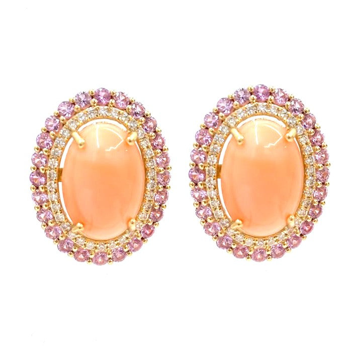 Coral Pink Sapphire Diamond Earrings