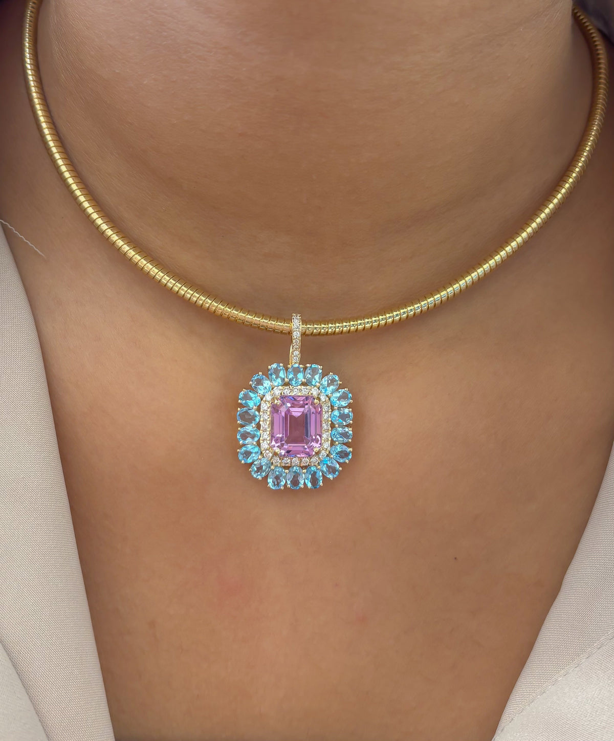 Kunzite Blue Topaz Diamond Pendant