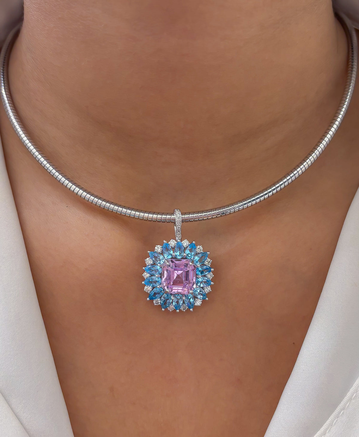 Kunzite Blue Topaz Diamond Pendant