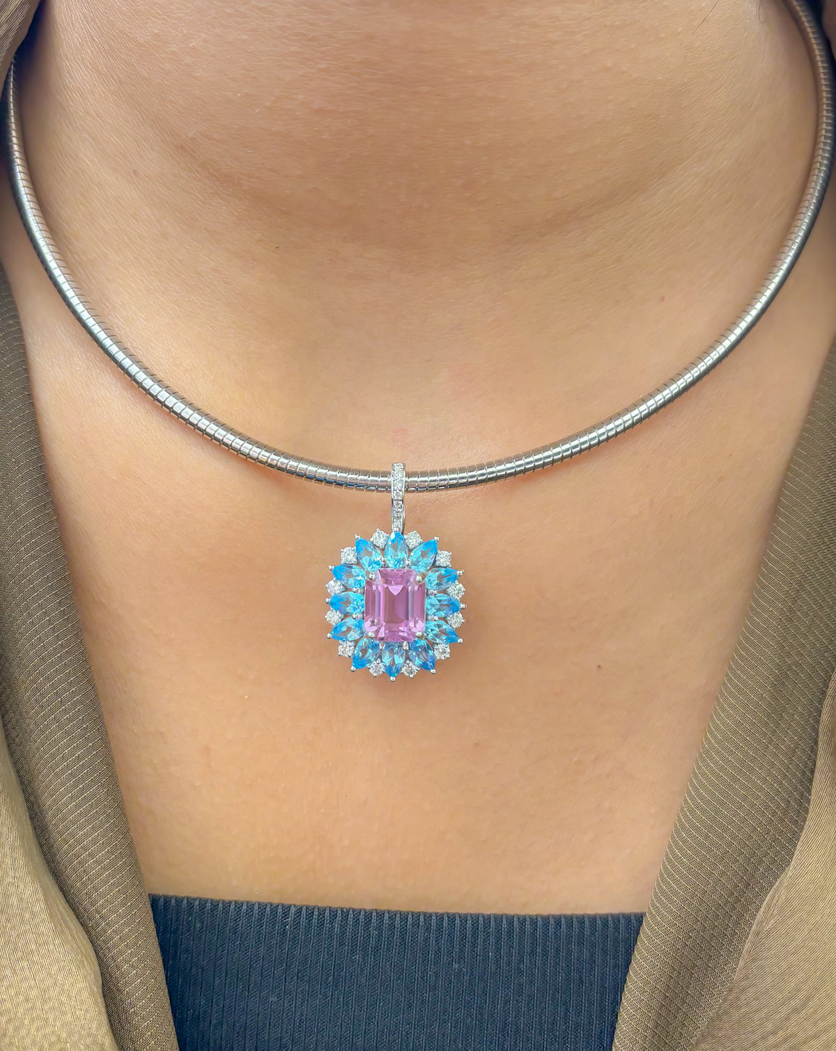 Kunzite Blue Topaz Diamond Pendant