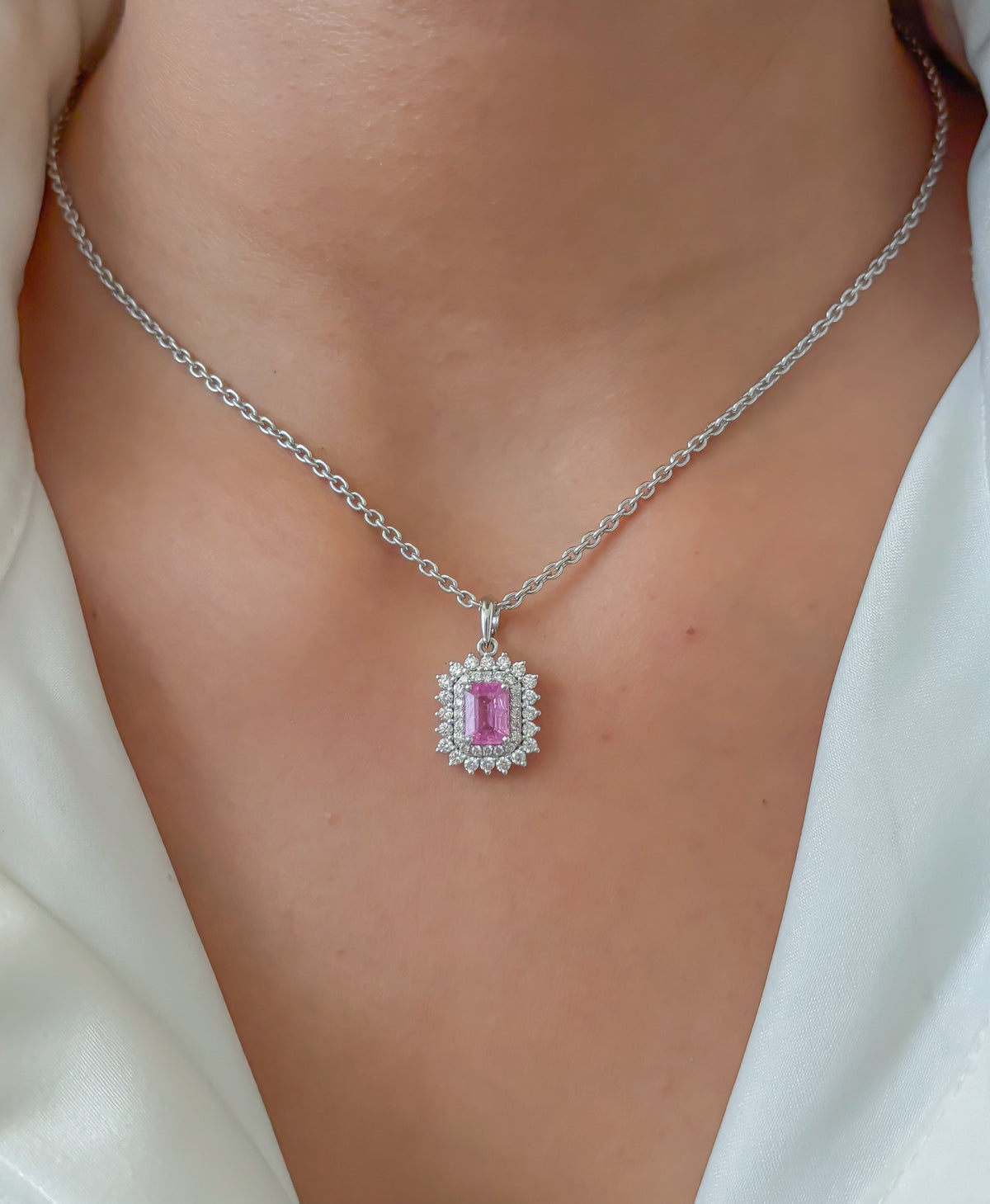 Pink Sapphire Octagon Double Halo Pendant