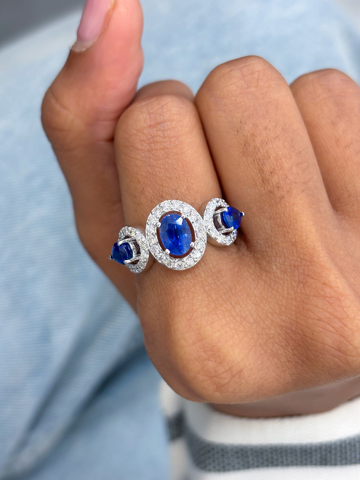 Blue Sapphire Oval Pear With Diamond Half Ring