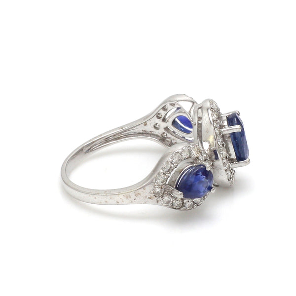 Blue Sapphire Oval Pear With Diamond Half Ring
