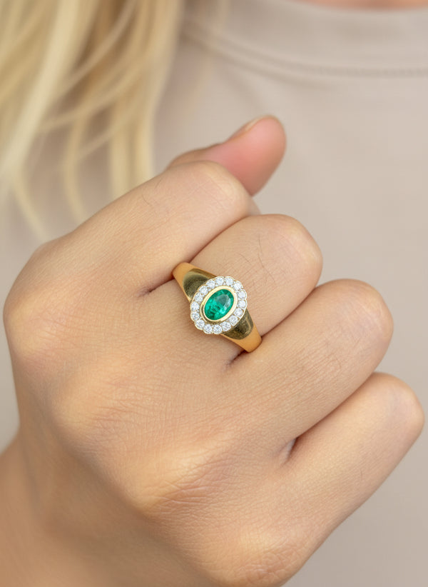 Emerald Oval Diamond Signet Ring