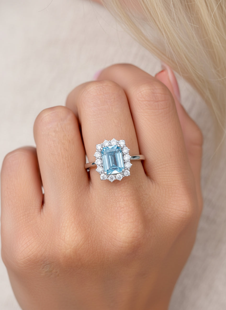 Aquamarine Octagon With Diamond Ring
