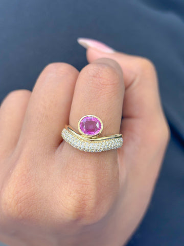JPRG-3441/8817 Pink Sapphire Oval Bezel Set Diamond Wave Ring