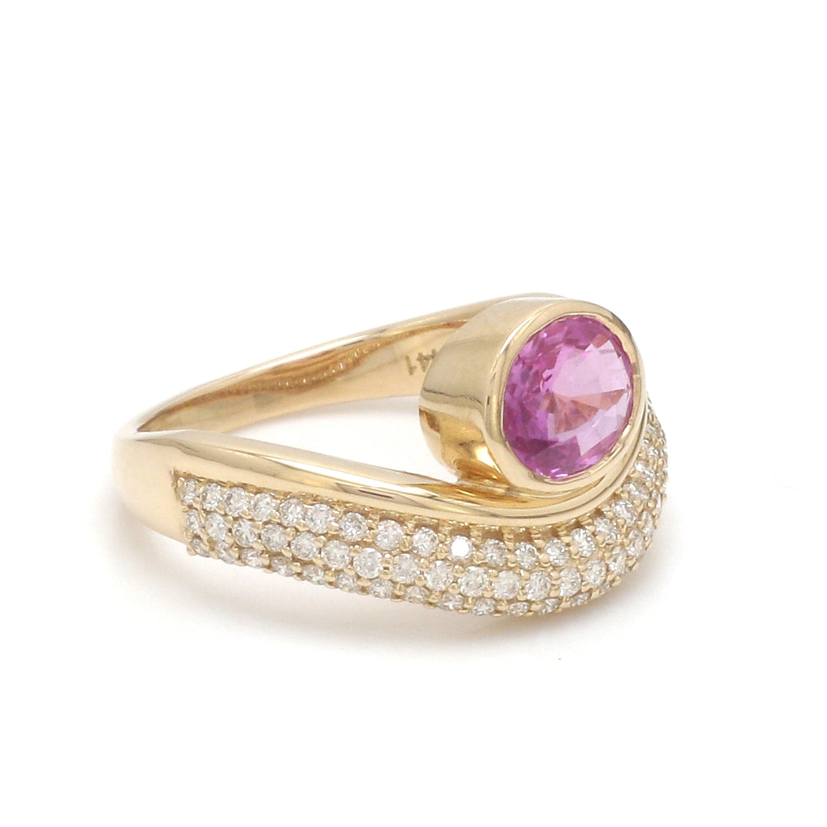 Pink Sapphire Oval Bezel Set Diamond Wave Ring