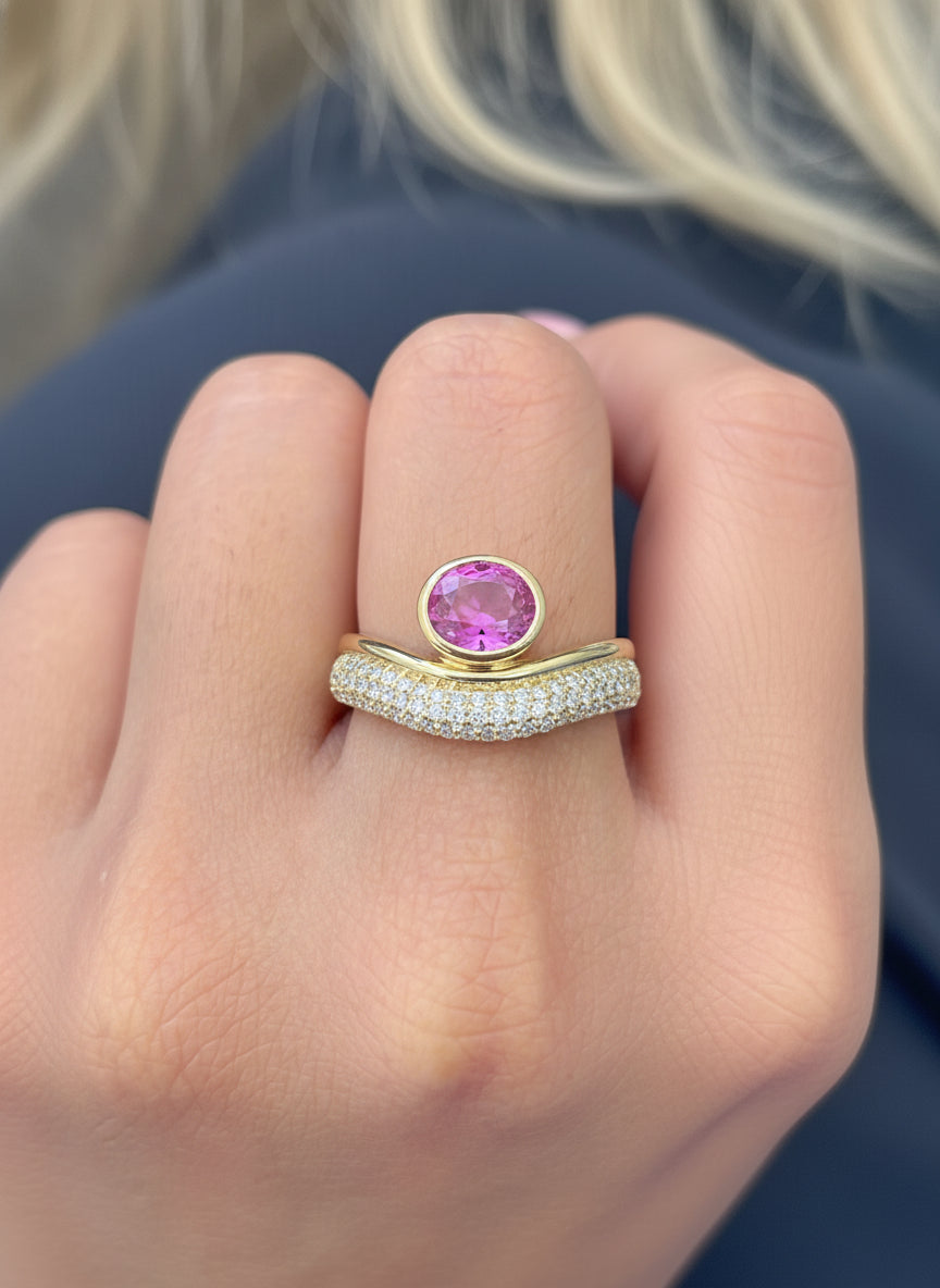 Pink Sapphire Oval Bezel Set Diamond Wave Ring