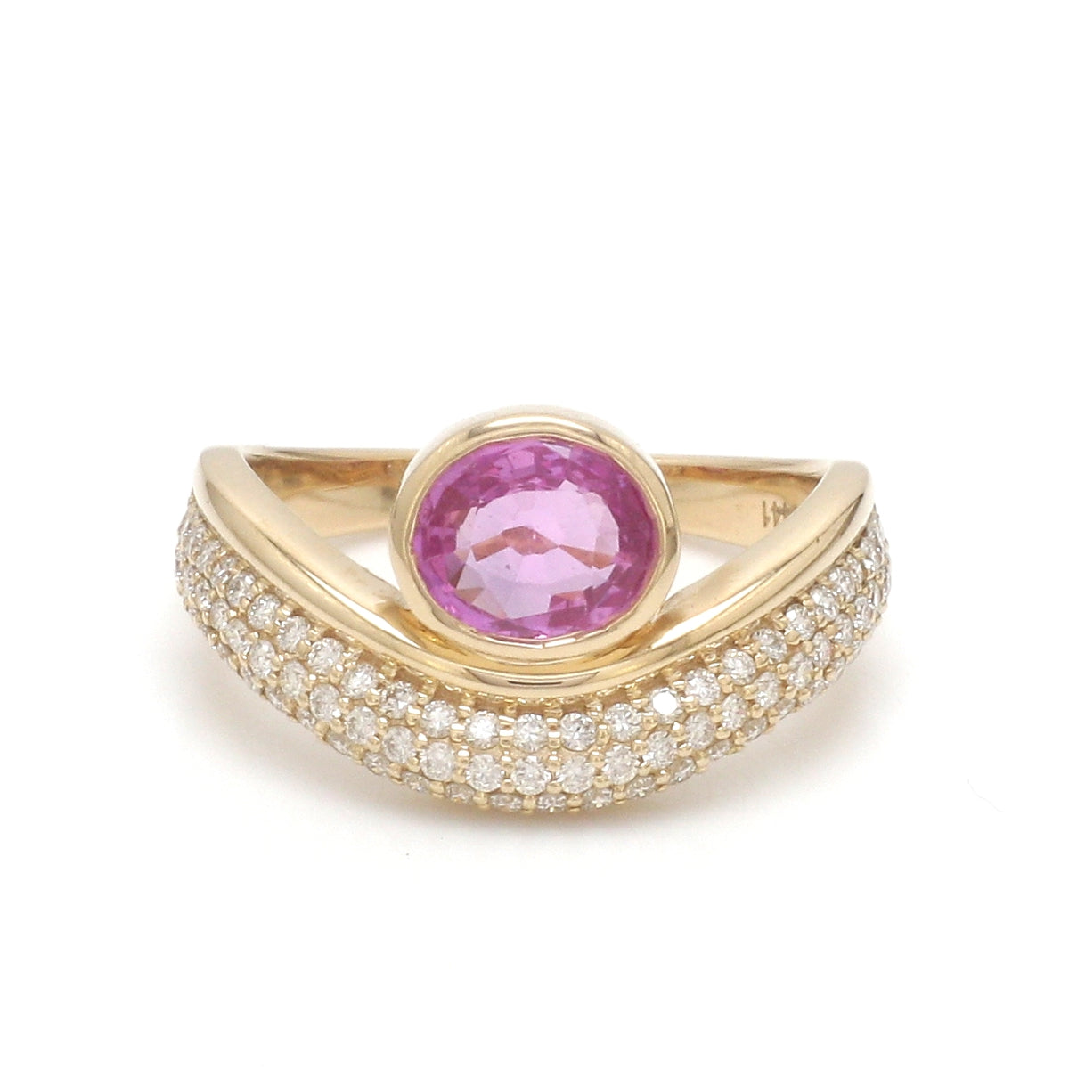 Pink Sapphire Oval Bezel Set Diamond Wave Ring