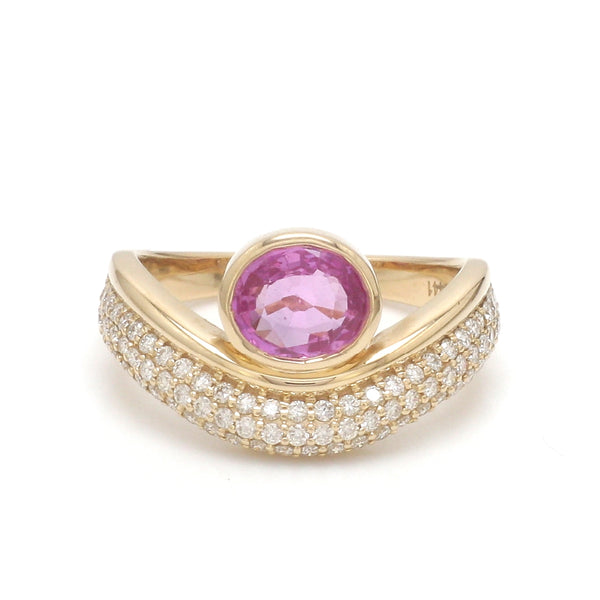 Pink Sapphire Oval Bezel Set Diamond Wave Ring