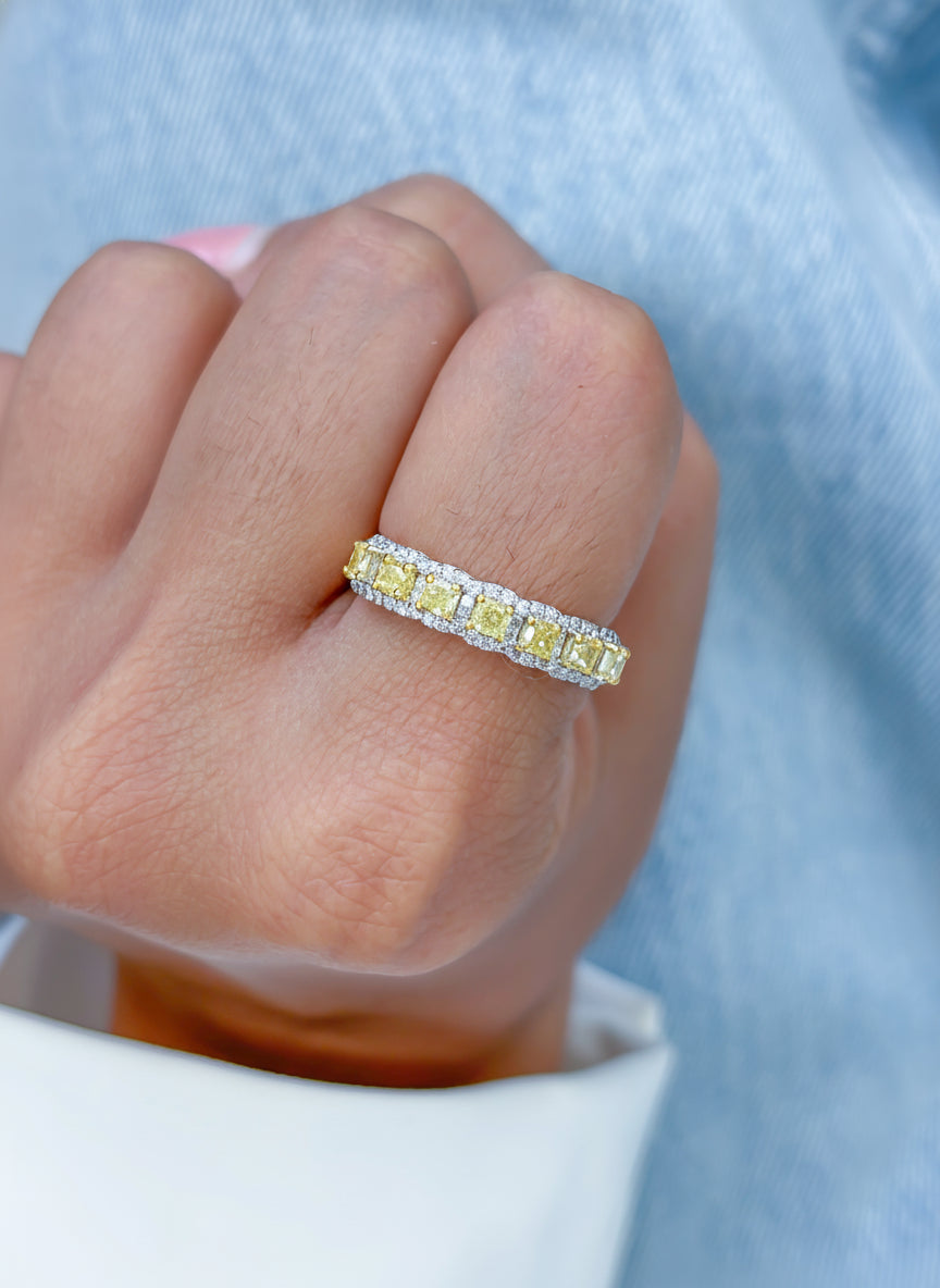Yellow Diamond Cushion With Diamond Ring