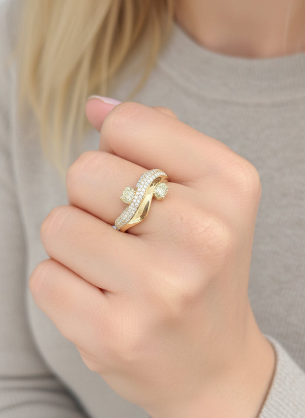 Yellow Diamond Cushion With Diamond Wave Ring