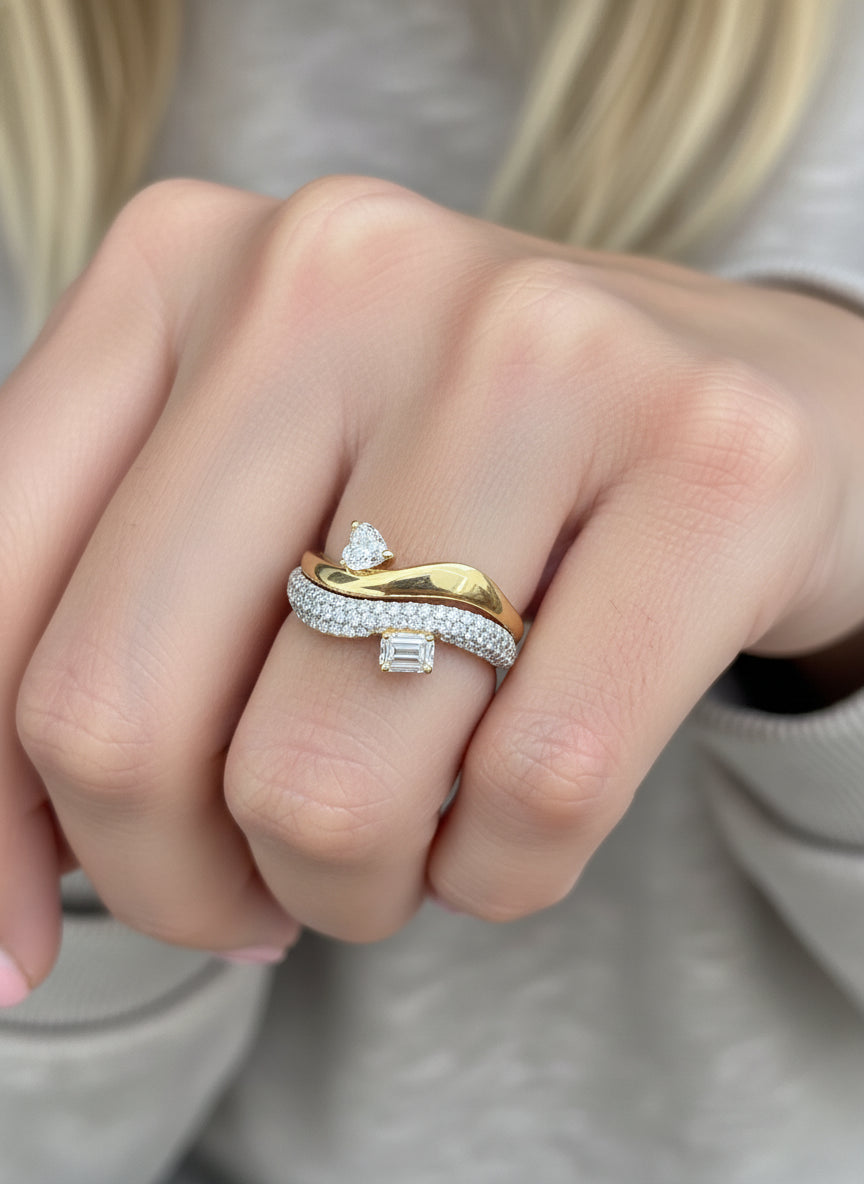 Diamond Pear Octagon With Round Diamond Wave Ring