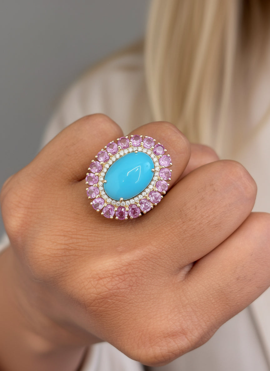 Turquoise Pink Sapphire Diamond Ring