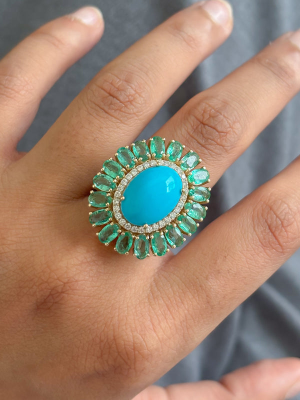 Turquoise Emerald Diamond Ring
