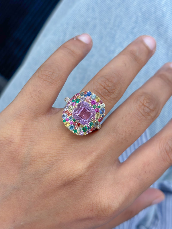 Kunzite Rainbow Gemstone Diamond Ring