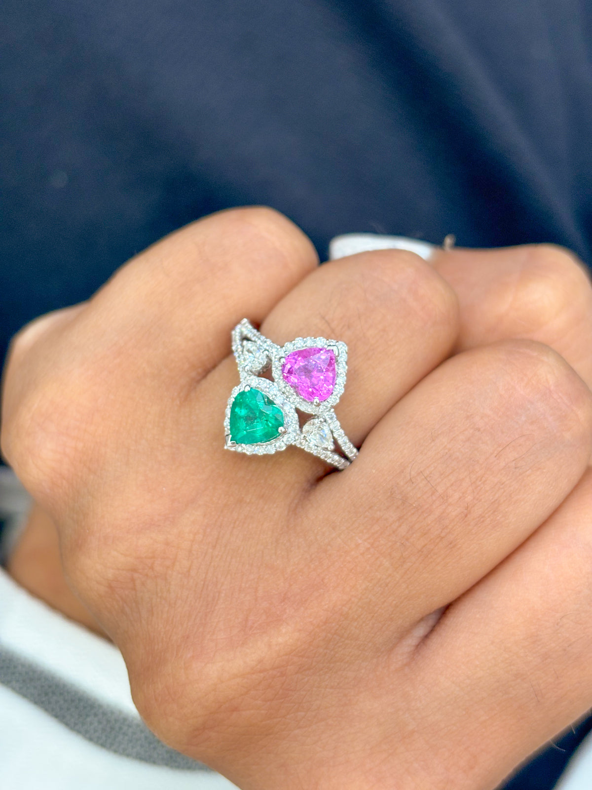 Pink Sapphire Emerald Diamond Ring