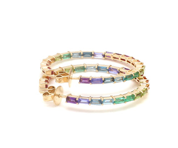 Rainbow Gemstone Baguette Thin Hoops