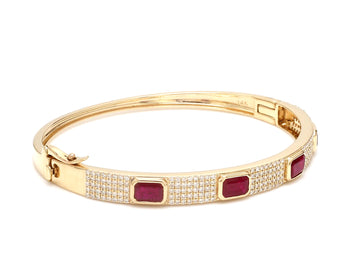 Ruby and Diamond Bangle in Gold – Emerald Cut Ruby Bracelet with Pave Diamonds