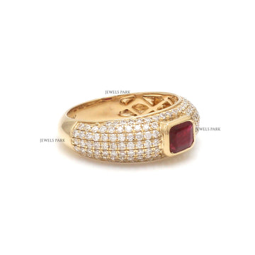 Ruby Pavé Diamond Ring – Bezel-Set Red Gemstone Dome Band