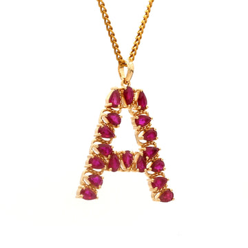 Ruby Initial Pendant A in Solid Gold – Pear Shape Ruby Letter Necklace – July Birthstone Jewelry