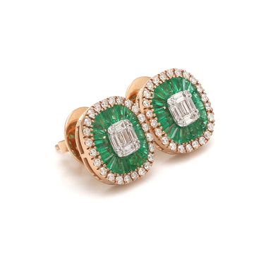 Emerald and Diamond Halo Stud Earrings Gold