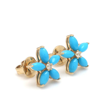 Turquoise Flower Stud Earrings in 14k Solid Gold with Diamond Center – Floral Gemstone Earrings | Jewelspark
