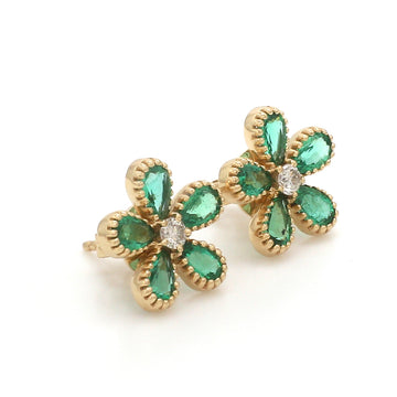 Emerald Flower Stud Earrings with Diamond Center | 14K 18K Solid Gold