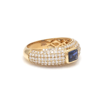 Blue Sapphire Pavé Diamond Ring – Solid Gold Dome Band with Bezel Gemstone
