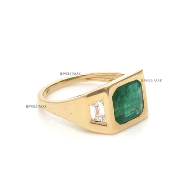 Square Emerald & Trapezoid Diamond Ring | 14K 18K Solid Yellow Gold Statement Ring