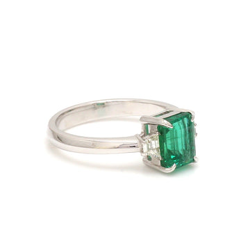 Emerald Three Stone Ring Gold | Trapezoid Cut Diamond Side Stones | Classic Emerald Engagement Ring