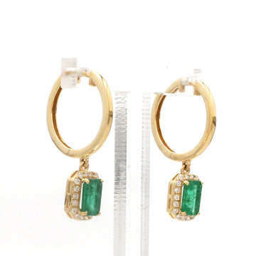 Natural Emerald Halo Drop Hoop Earrings Gold – Diamond Emerald Dangle Earrings | Jewels Park