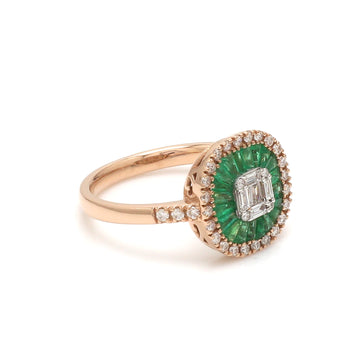 Emerald Diamond Halo Ring in Gold – Asscher Cut Center with Emerald Baguette & Diamond Accent