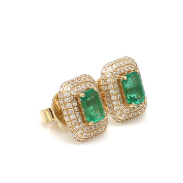 Emerald Cut Emerald Stud Earrings with Triple Diamond Halo in 14K/18K Gold – Luxury Gemstone Earrings