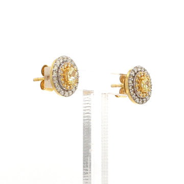 Yellow Diamond Stud Earrings in Gold – Oval Cut Yellow Diamonds with Double Diamond Halo