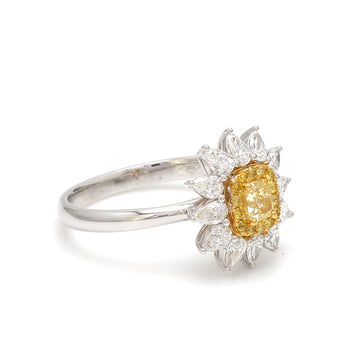 Yellow Diamond Sunflower Ring Gold | Cushion Cut Center with Pear Diamond Petals
