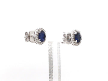 Blue Sapphire Oval Stud Earrings with Diamond Halo in 14K 18K White Gold – Classic Fine Jewelry