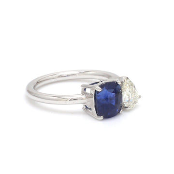 Blue Sapphire Pear Diamond Two Stone Ring
