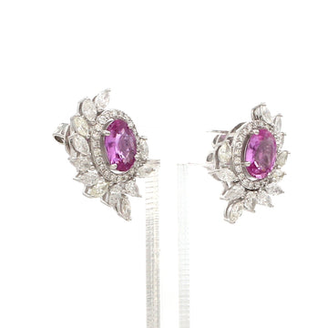 Oval Pink Sapphire & Marquise Diamond Cluster Earrings in Solid Gold